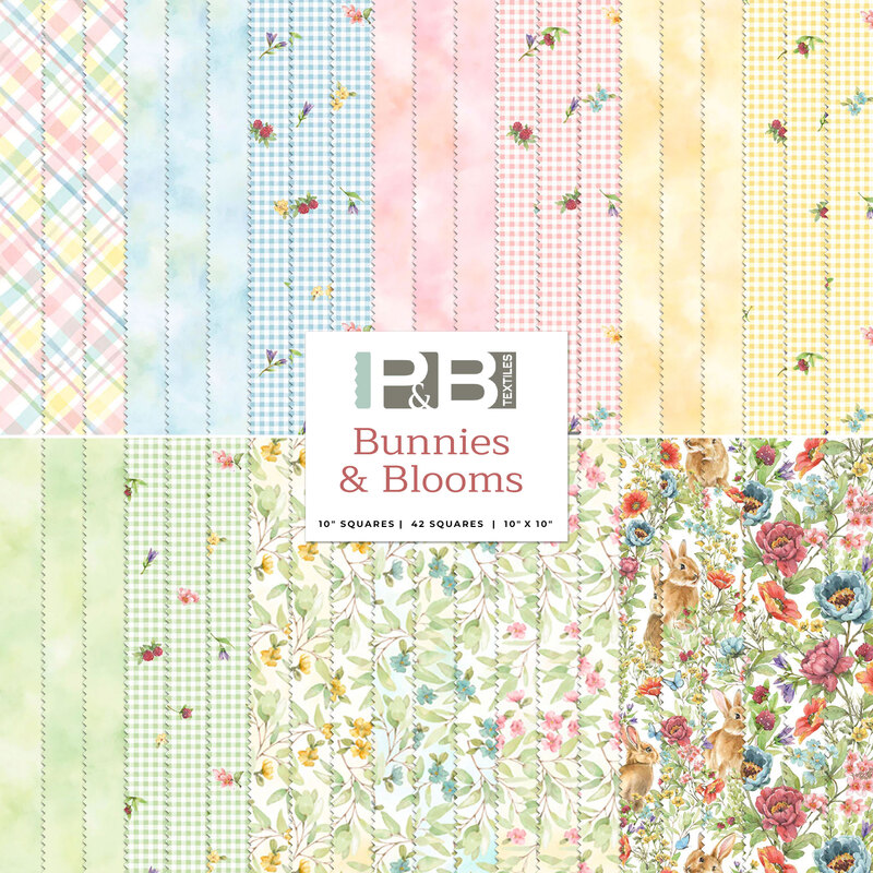 collage of fabrics in bunnies and blooms 10
