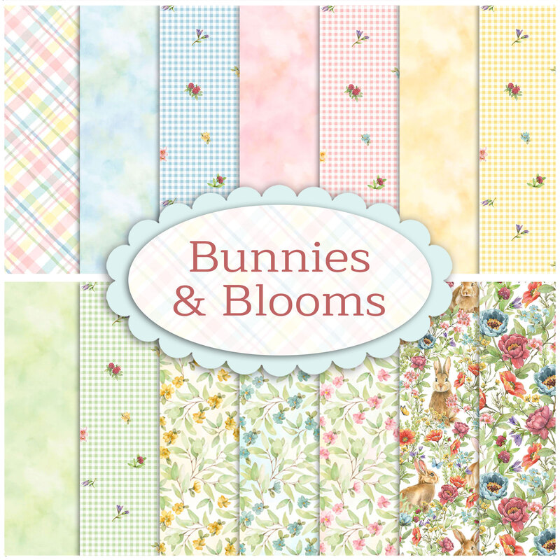 collage of fabrics in bunnies and blooms FQ Set featuring florals and pastels