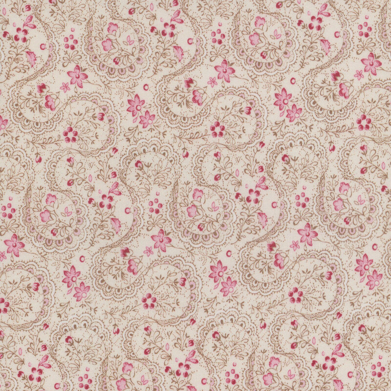 Cream fabric featuring a swirly lace design with pink florals