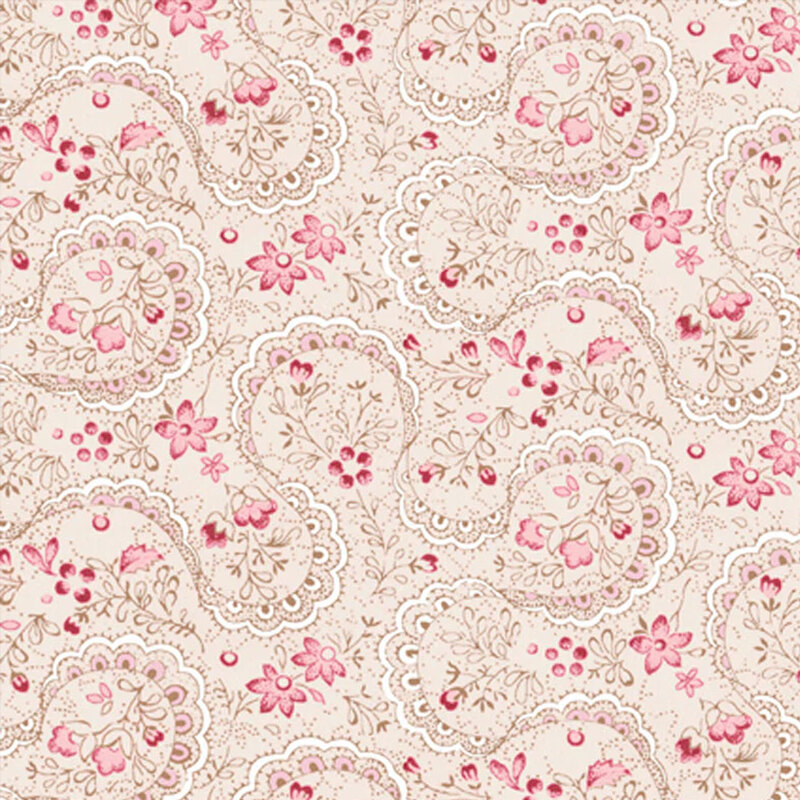 Cream fabric featuring a swirly lace design with pink florals