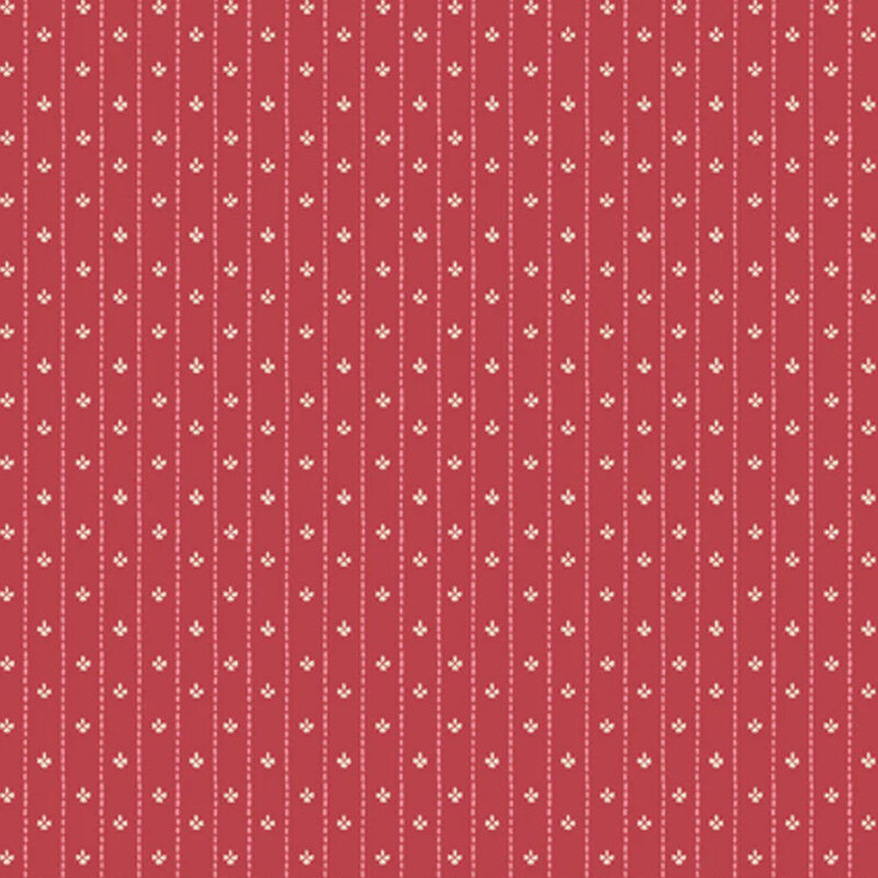 Rosy red fabric featuring striped dotted lines and white florals in between