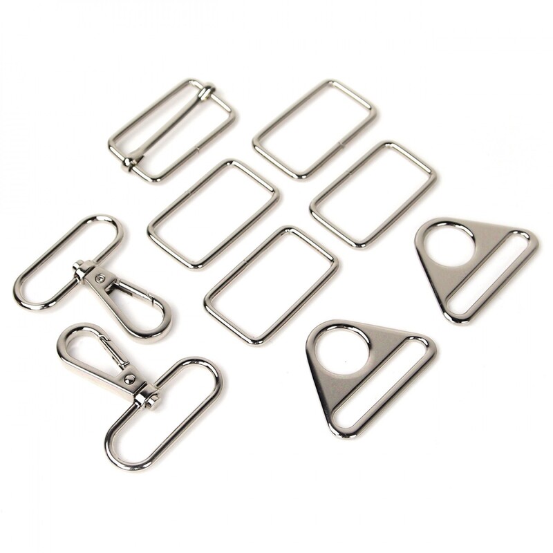 Silver nickel rectangle rings, swivel hooks, triangle rings, and a slider buckle, all isolated on a white background.