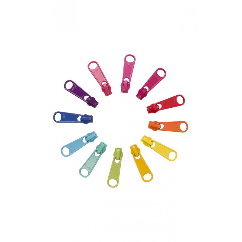 The 12 bright zipper pulls, arranged in a circle and isolated on a white background.