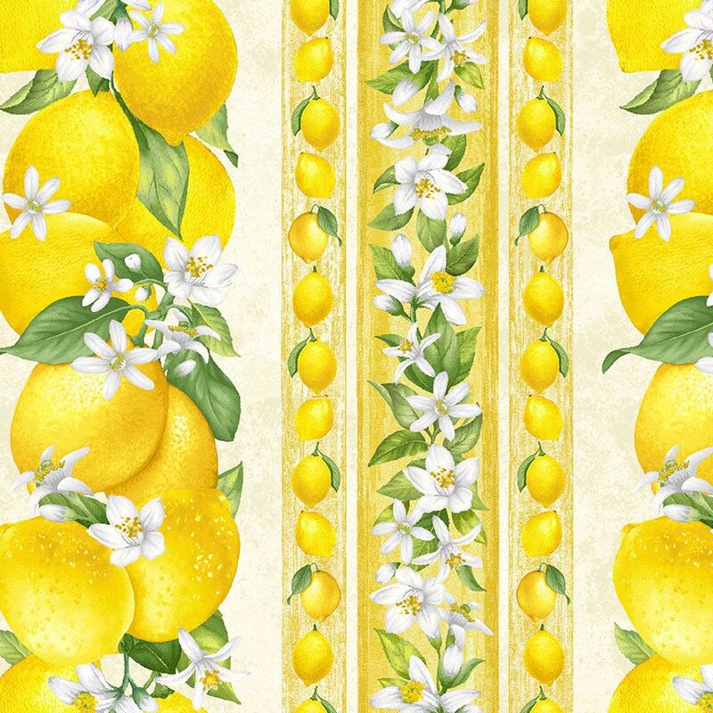 digital image of borderstripe fabric featuring a repeated pattern of large lemons, and lemon flowers