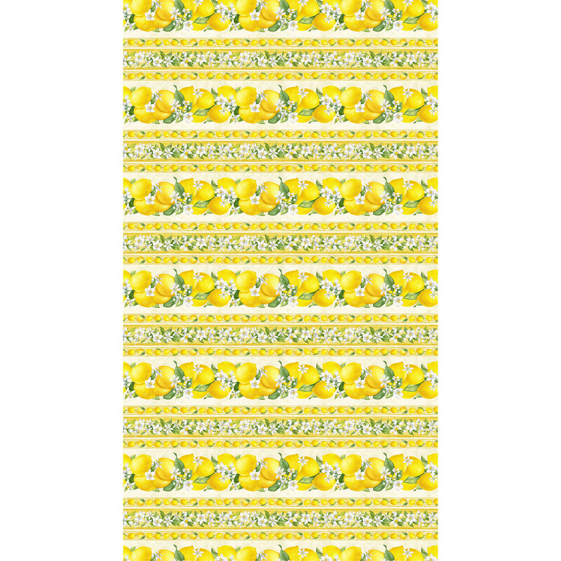 digital image of borderstripe fabric featuring a repeated pattern of large lemons, and lemon flowers