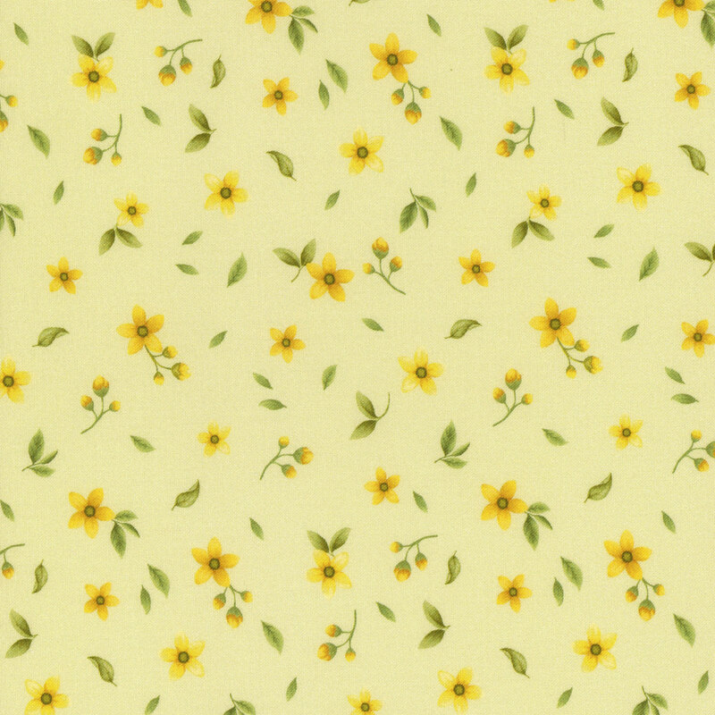 pale green fabric with small scattered yellow flowers and leaves floating between them