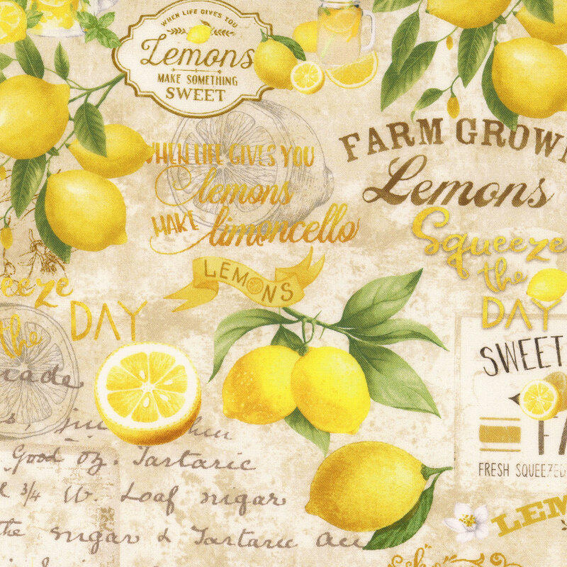 cream fabric with lemons, lemonade, and summer sayings