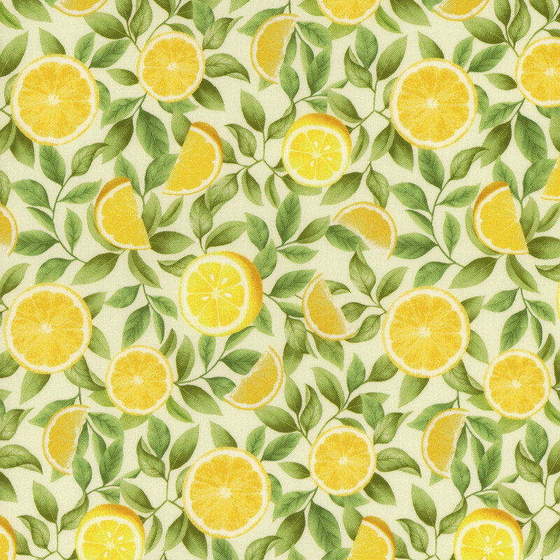 pale green fabric with halved and sliced lemons with packed leaves between
