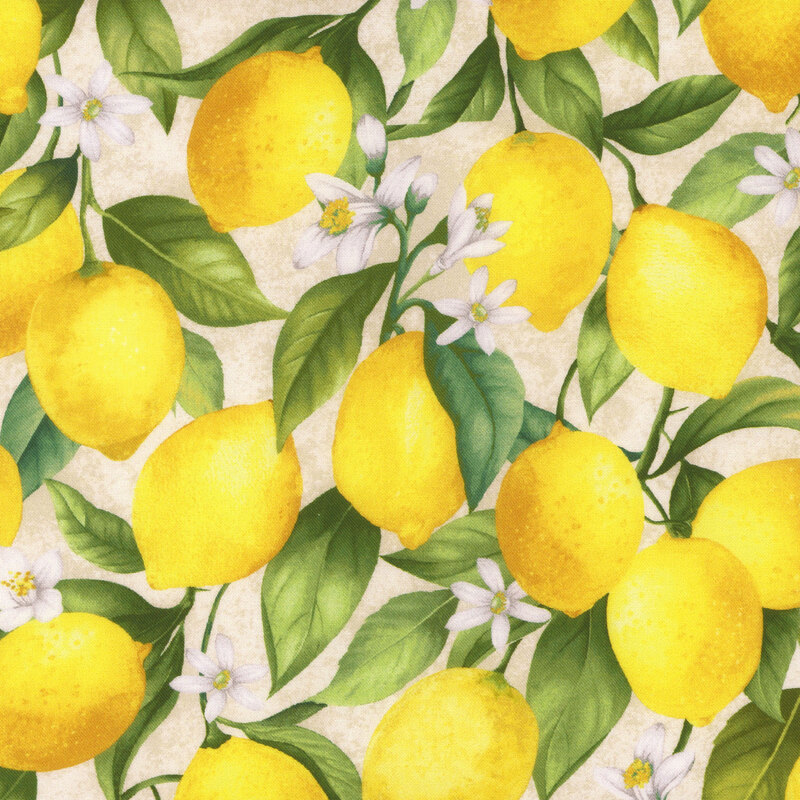 cream fabric with large lemons and lemon blossoms