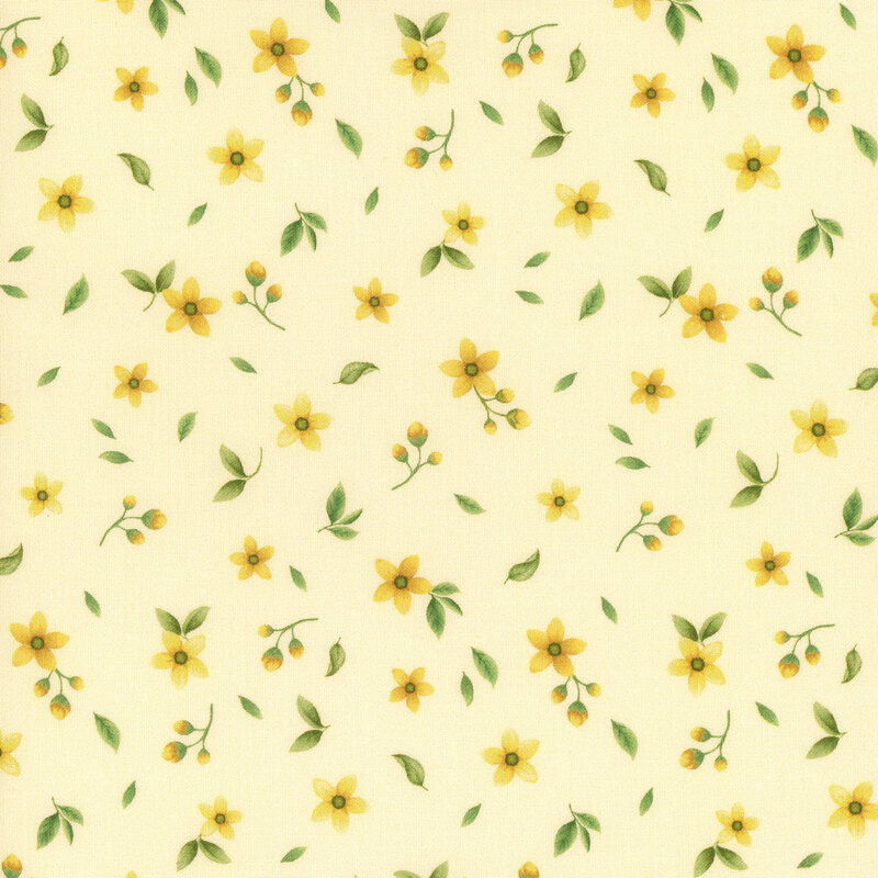 pale yellow fabric with small scattered yellow flowers and leaves floating between them
