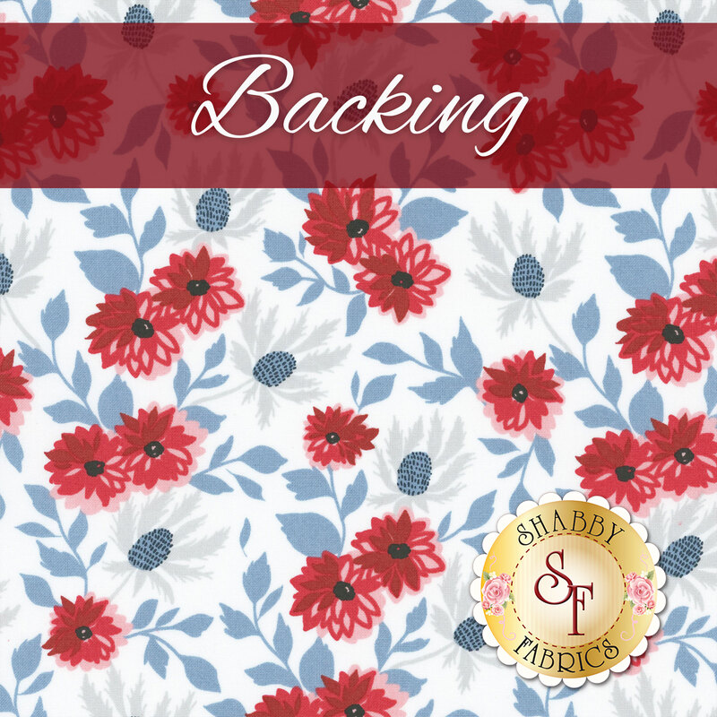A swatch of white fabric, packed with medium sized red flowers, white flowers, and light blue leaves and stems. A red banner at the top reads 