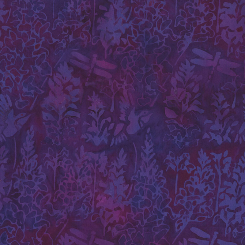 Deep purple tonal batik fabric with mottling and faint designs of dragonflies and florals