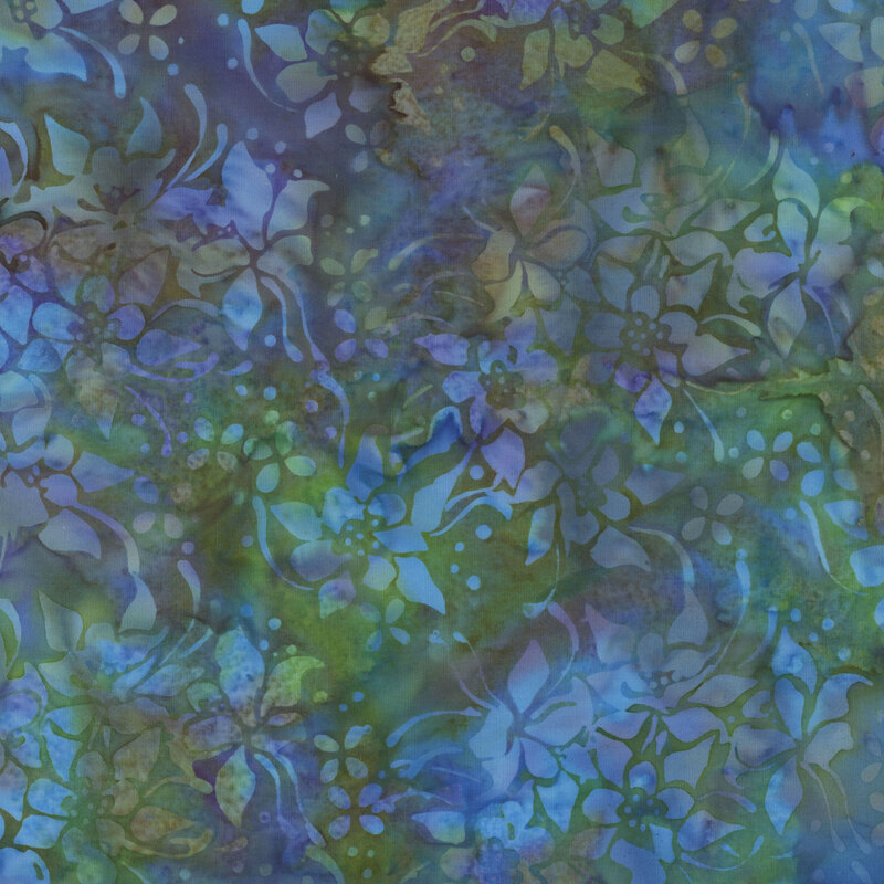 Forest green mottled batik fabric with bright blue mottled florals throughout