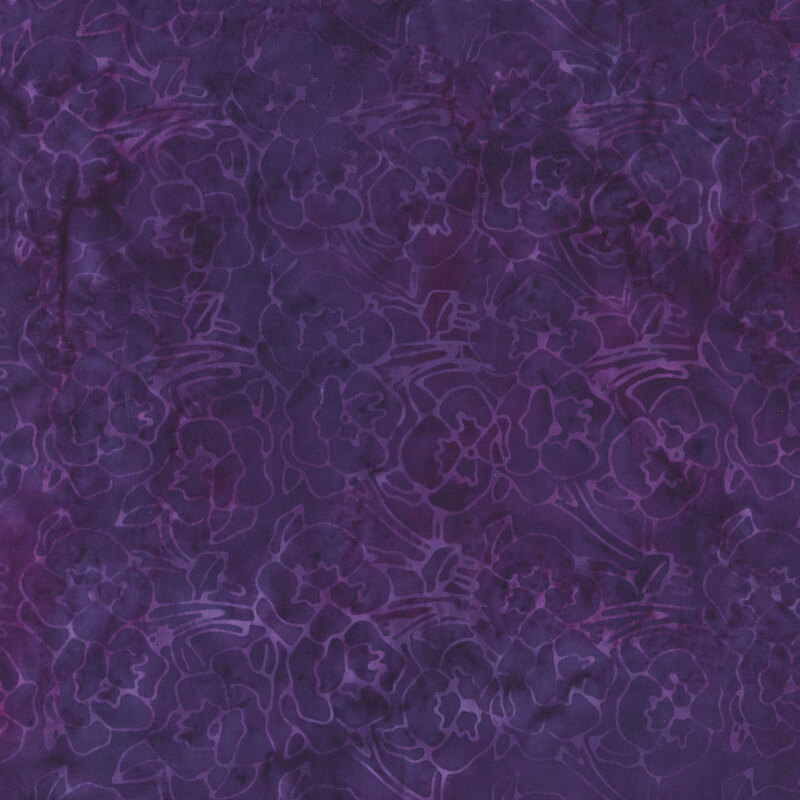 Deep purple fabric with faint lighter purple outlines of roses and various florals all over a mottled background