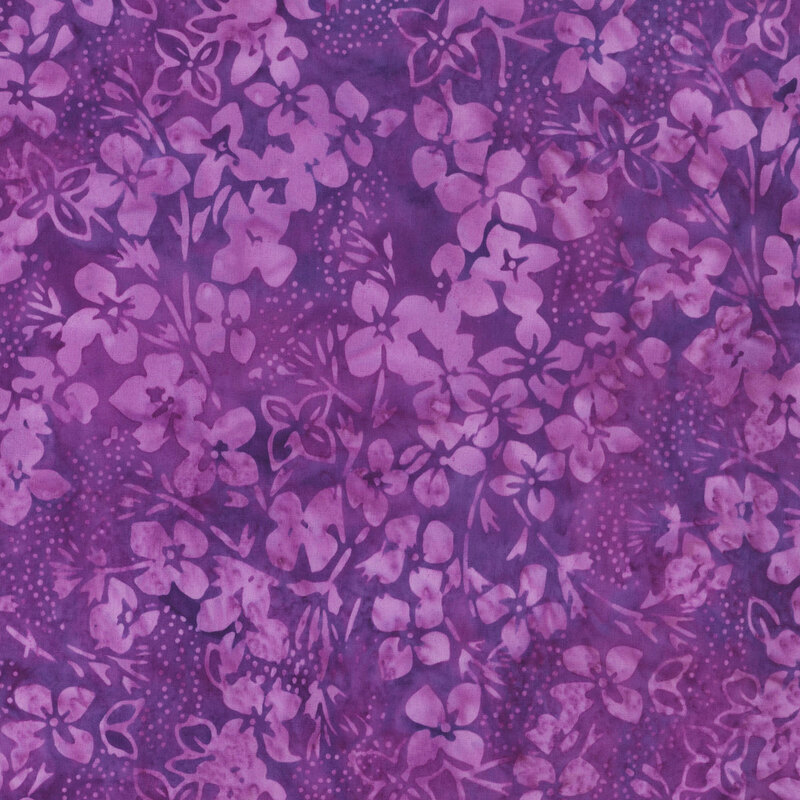 Deep purple fabric with mottling and lighter purple tonal florals all over