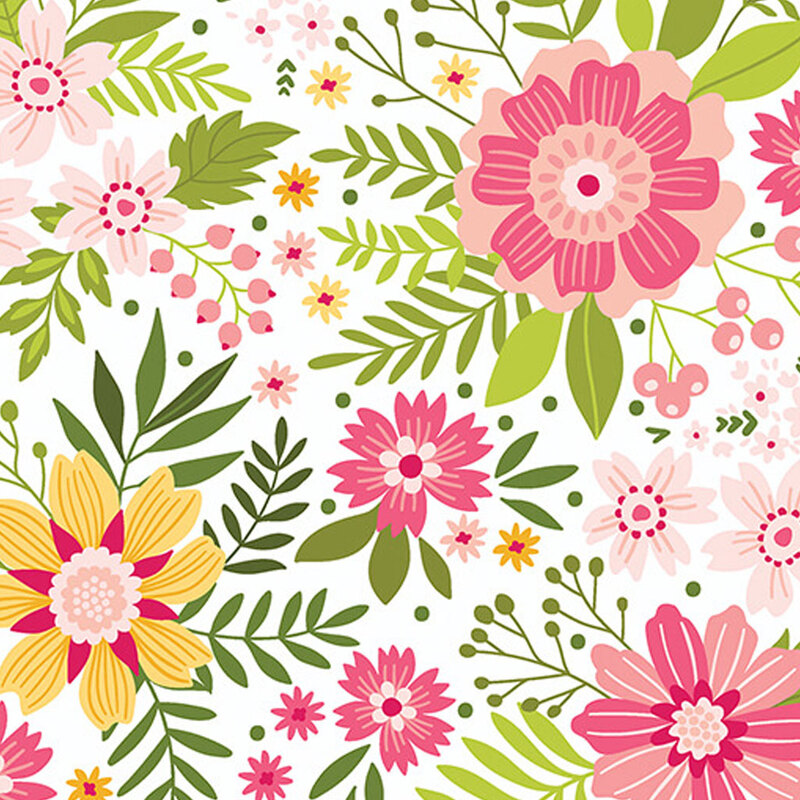 White fabric with scattered flowers and leaves. featuring green pink and yellow