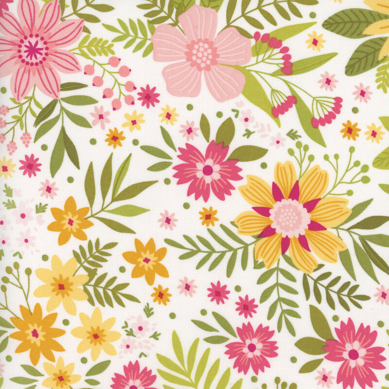 A vibrant floral pattern featuring various flowers in shades of pink, yellow, and green, with leaves and small buds scattered throughout. The design has a light background, showcasing a lively arrangement of blooms and foliage.