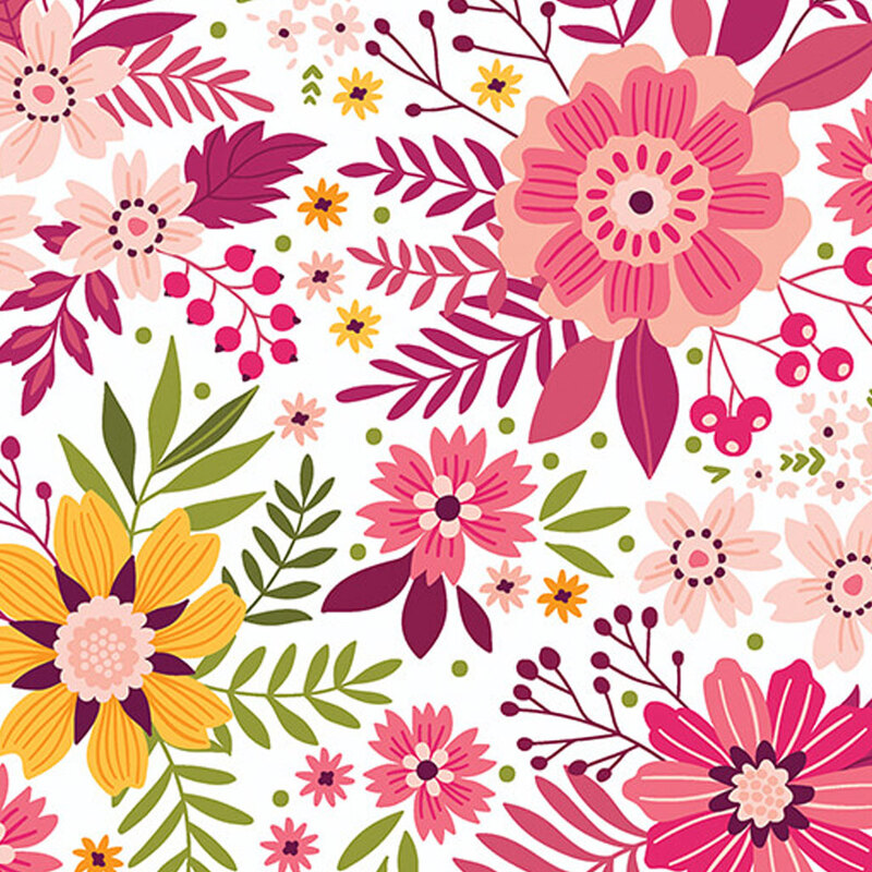White fabric with berry colored floral pattern and green leaves