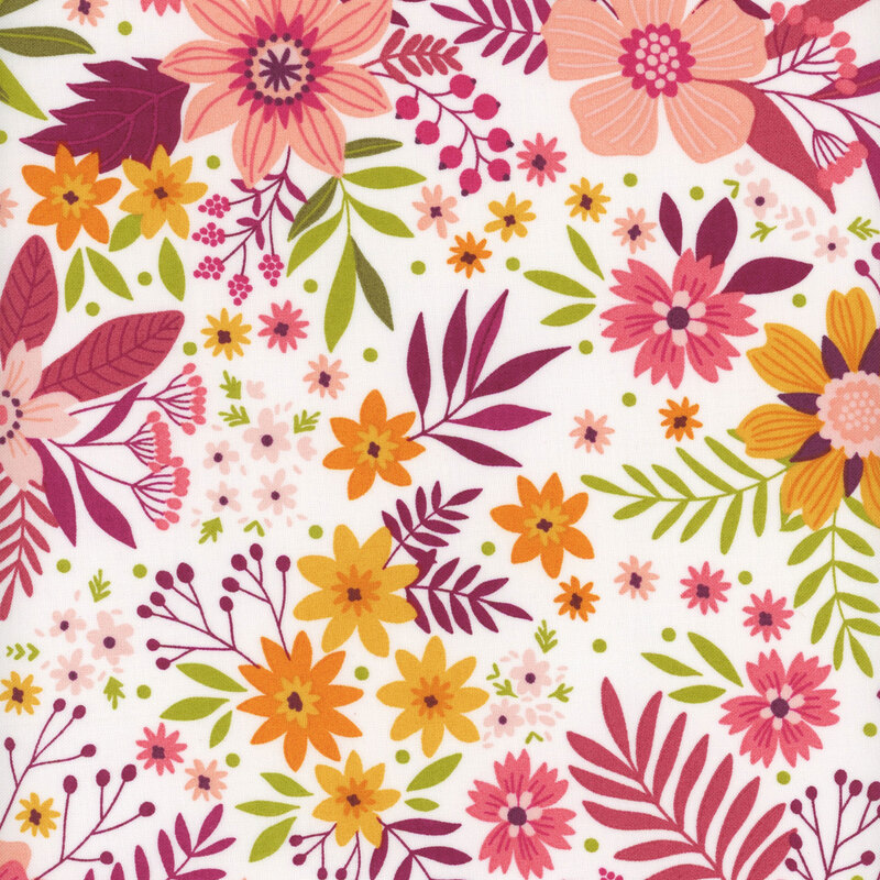 White fabric with berry colored floral pattern and green leaves