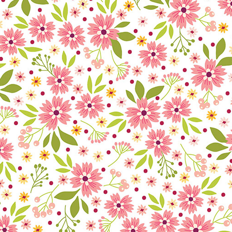 White fabric with pink floral pattern and green leaves