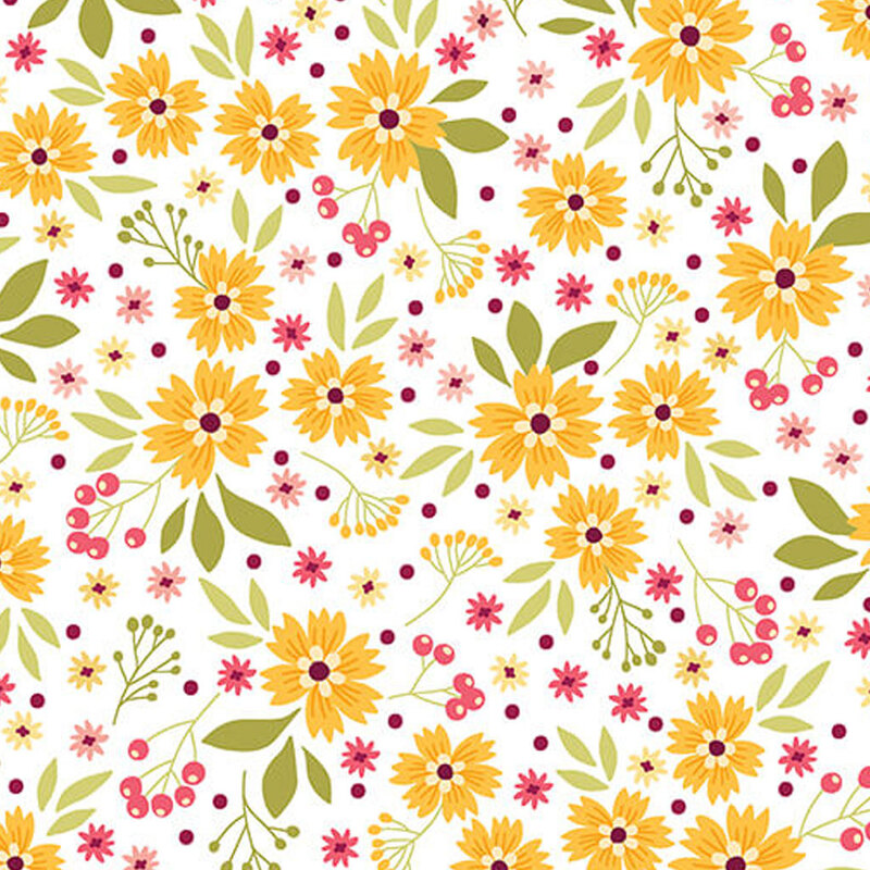 White fabric with yellow and pink floral pattern as well as green leaves.