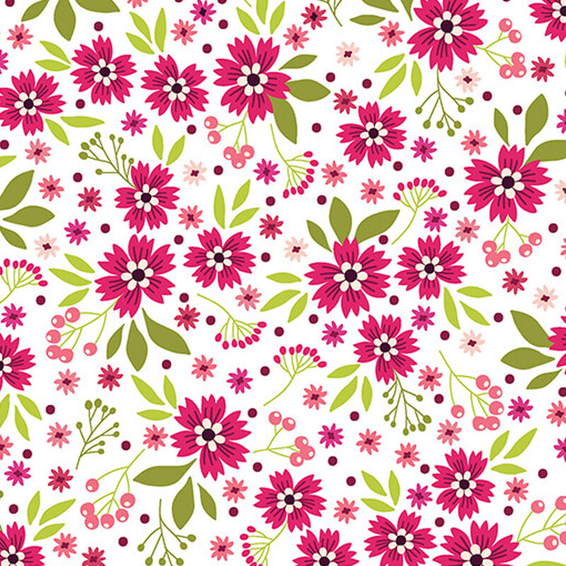 White fabric with magenta floral pattern and green leaves