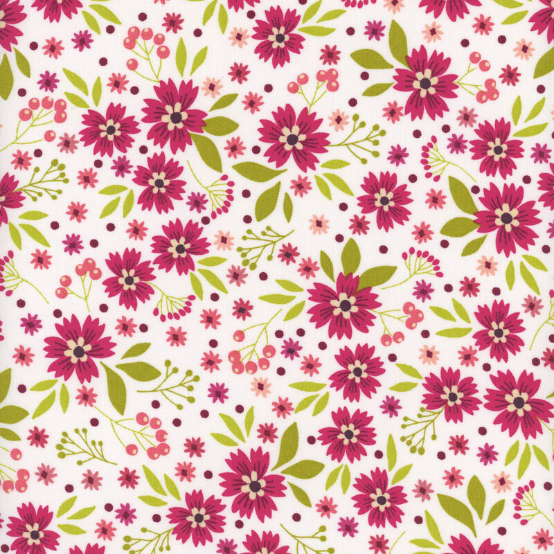 White fabric with magenta floral pattern and green leaves