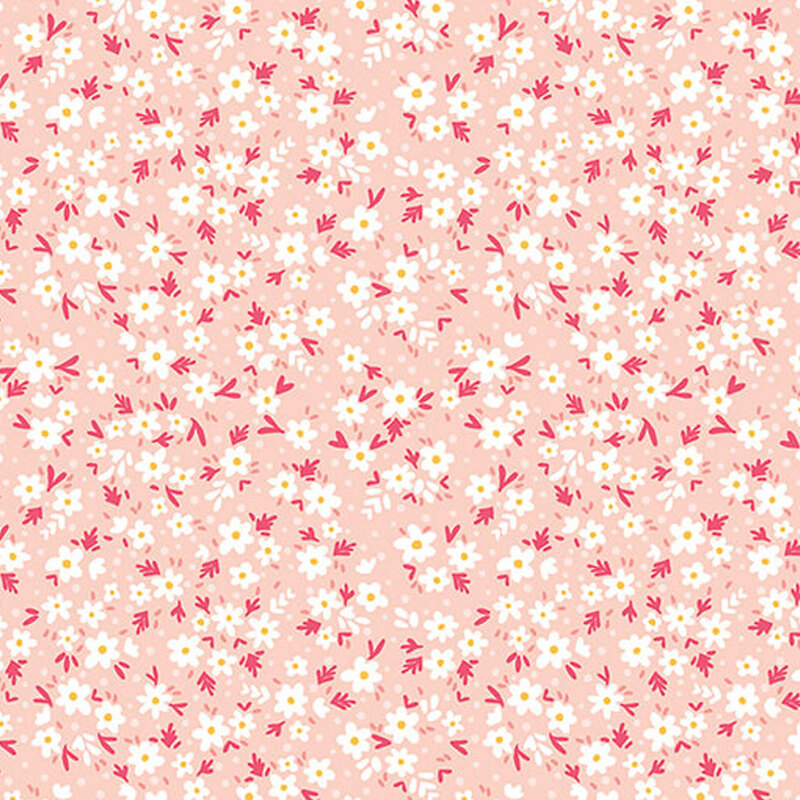 Pink fabric with white daisy pattern and magenta leaves