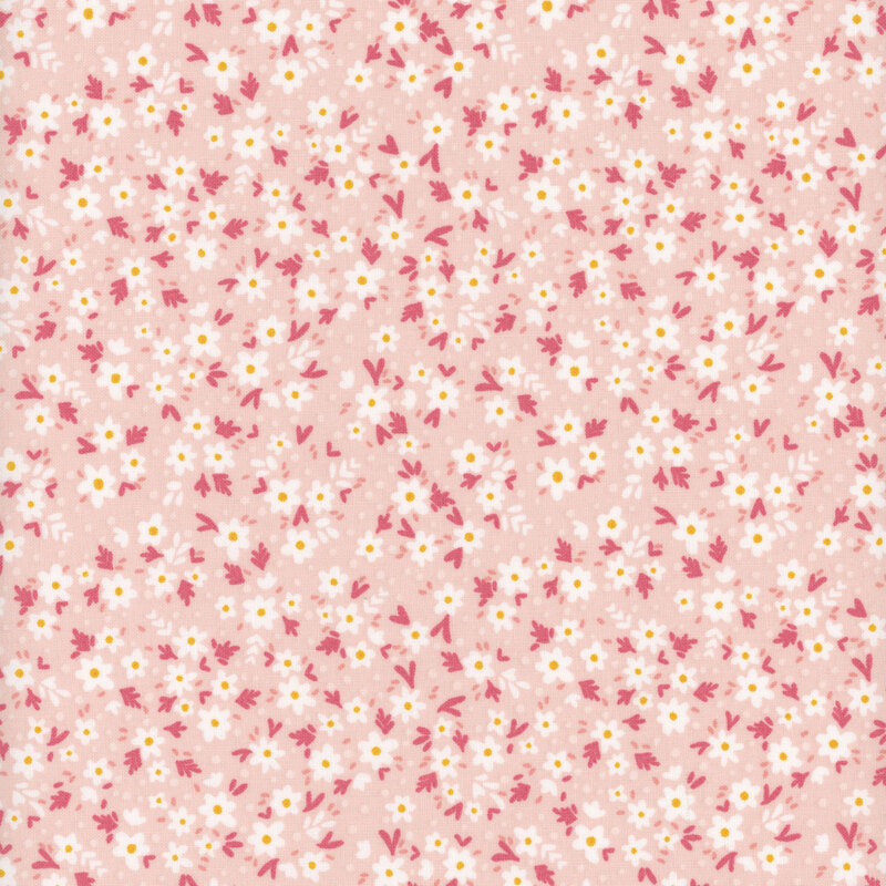 Pink fabric with white daisy pattern and magenta leaves