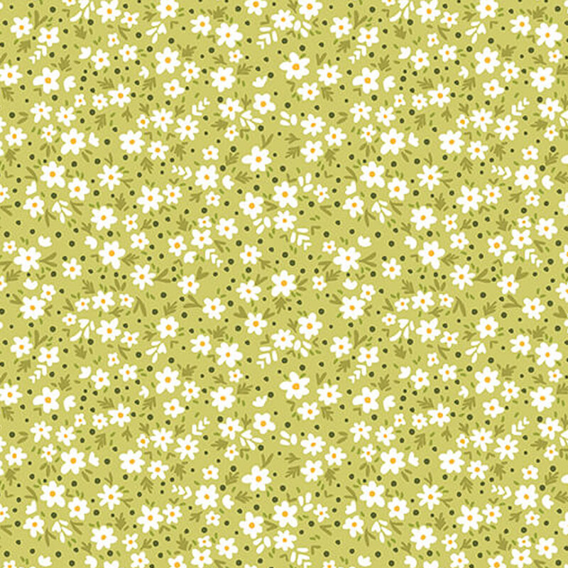 Green fabric with white daisy pattern 
