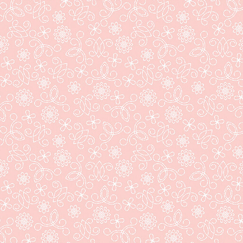Light pink fabric with white swirls and floral patterns