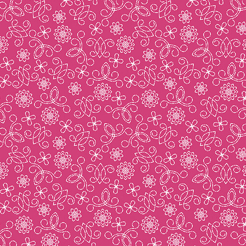 Pink fabric with white swirls and flower overlay