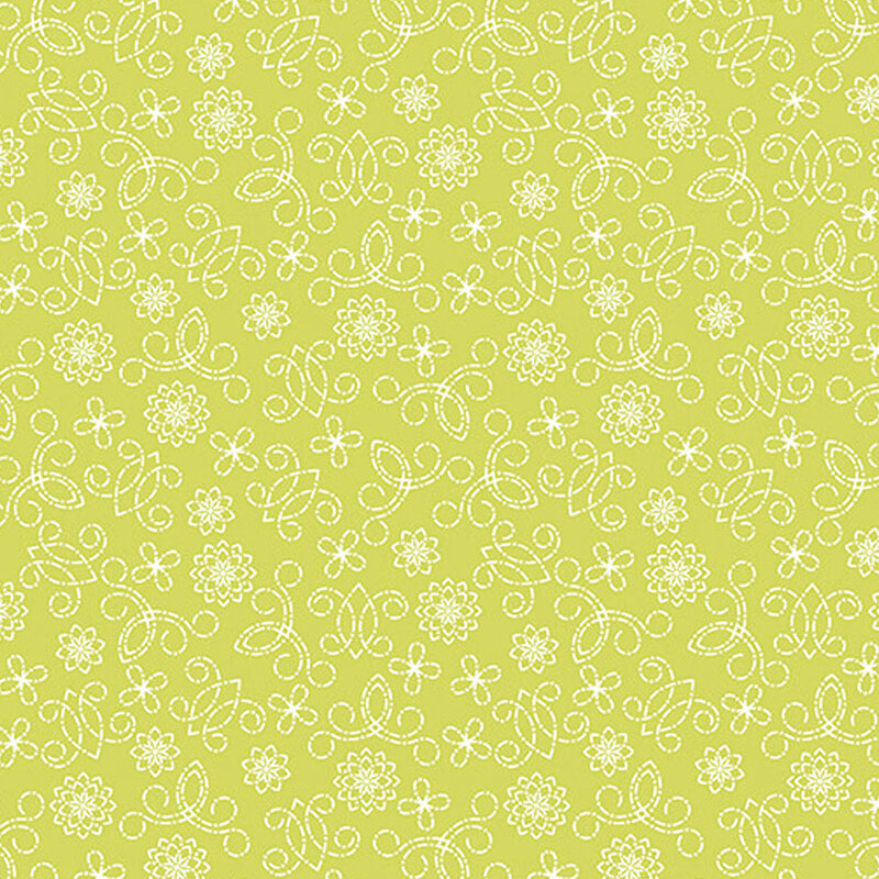 Green fabric with white swirl and floral pattern