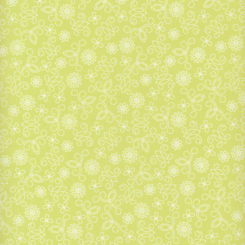 Green fabric with white swirl and floral pattern