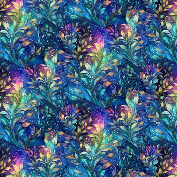 Blue digital print with multicolored waving foliage pattern