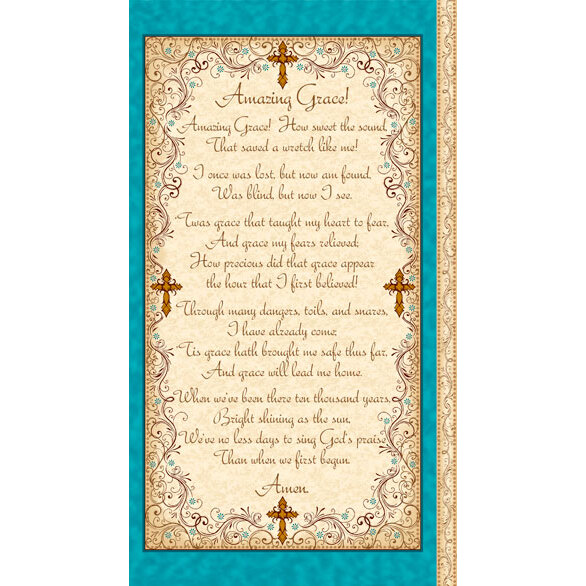Digital image of Amazing Grace panel featuring the iconic Christian hymn with crosses at each edge, all surrounded by an aqua border and an elegant cream filigree edge on the right