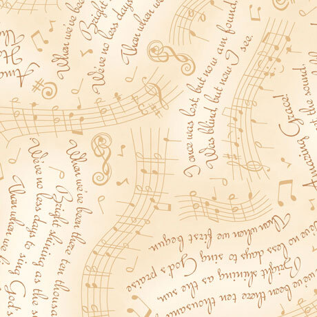 mottled cream fabric with music staffs and scattered music notes with rotating blocks of the lyrics to Amazing Grace