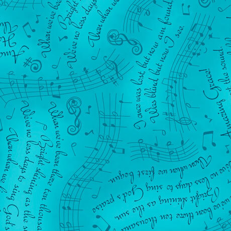 mottled teal fabric with music staffs and scattered music notes with rotating blocks of the lyrics to Amazing Grace