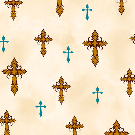 mottled cream fabric with scattered intricate gold cross and small, simplified teal crossesx