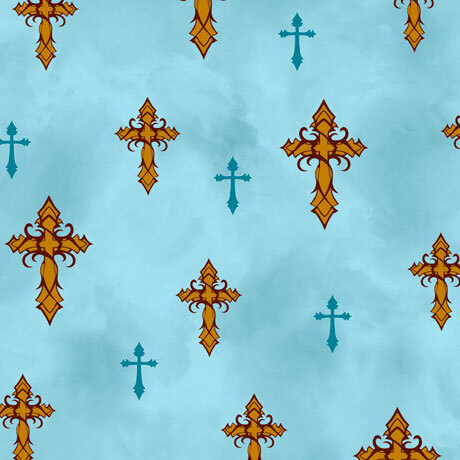 mottled light teal fabric with scattered intricate gold cross and small, simplified teal crossesx