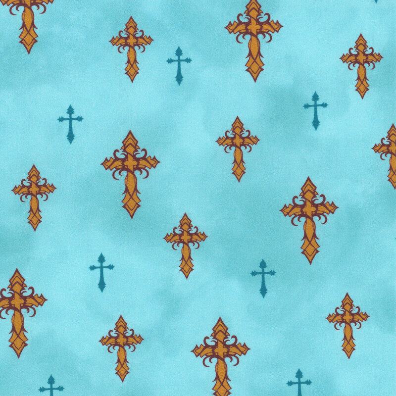 mottled light teal fabric with scattered intricate gold cross and small, simplified teal crossesx