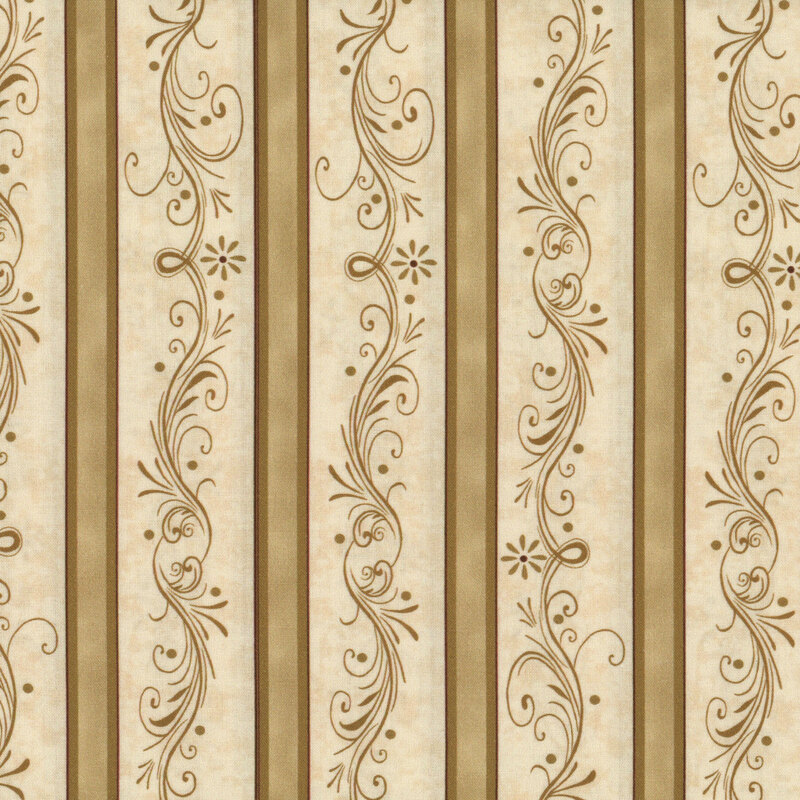 cream fabric with mottled tan vertical stripes and intricate filigree in the space between