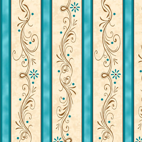 cream fabric with mottled teal vertical stripes and intricate filigree in the space between