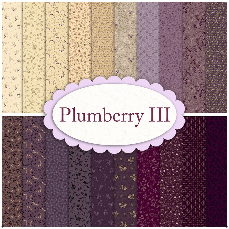 collage of all of the fabrics in the Plumberry III collection arranged in two rows of 10 from light to dark
