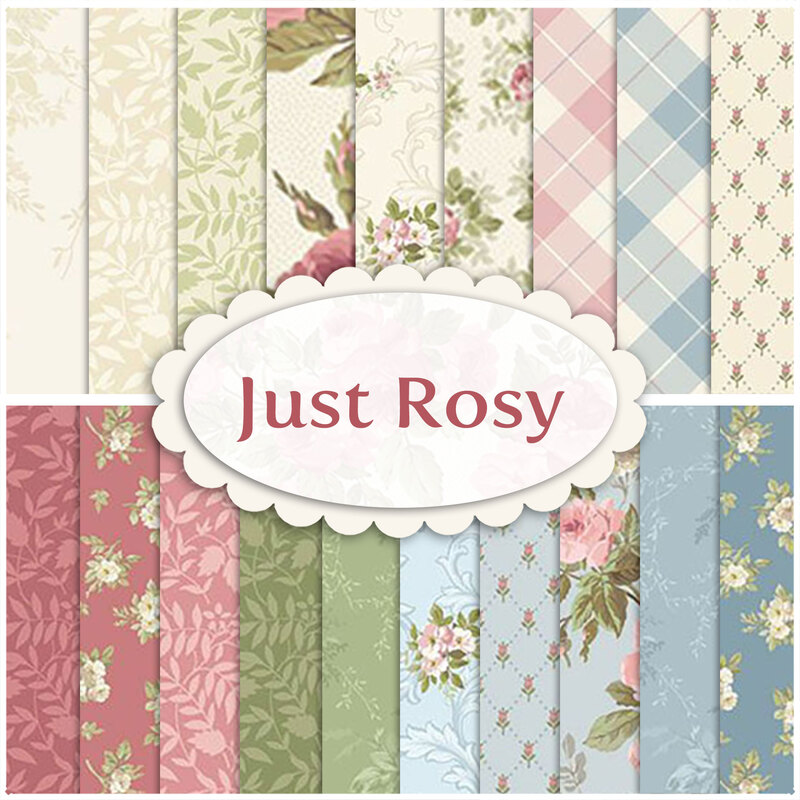 A stacked collage of pink, blue, green, and cream fabrics in the Just Rosy collection