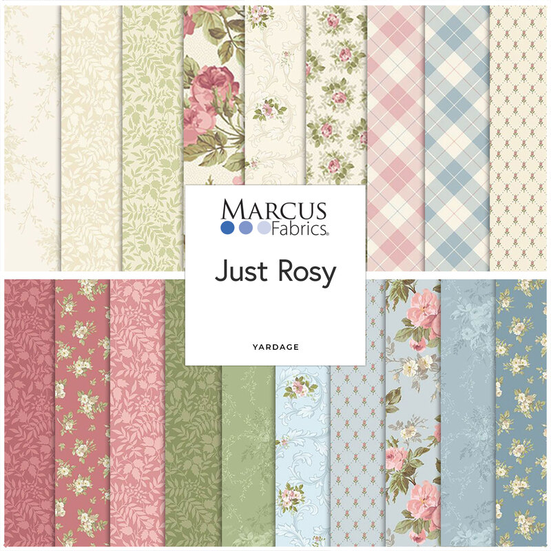 A stacked collage of pink, blue, green, and cream fabrics in the Just Rosy collection