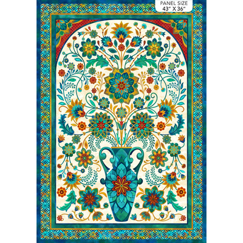 Bohemian style quilting panel with a large vase and geometric florals against a white background
