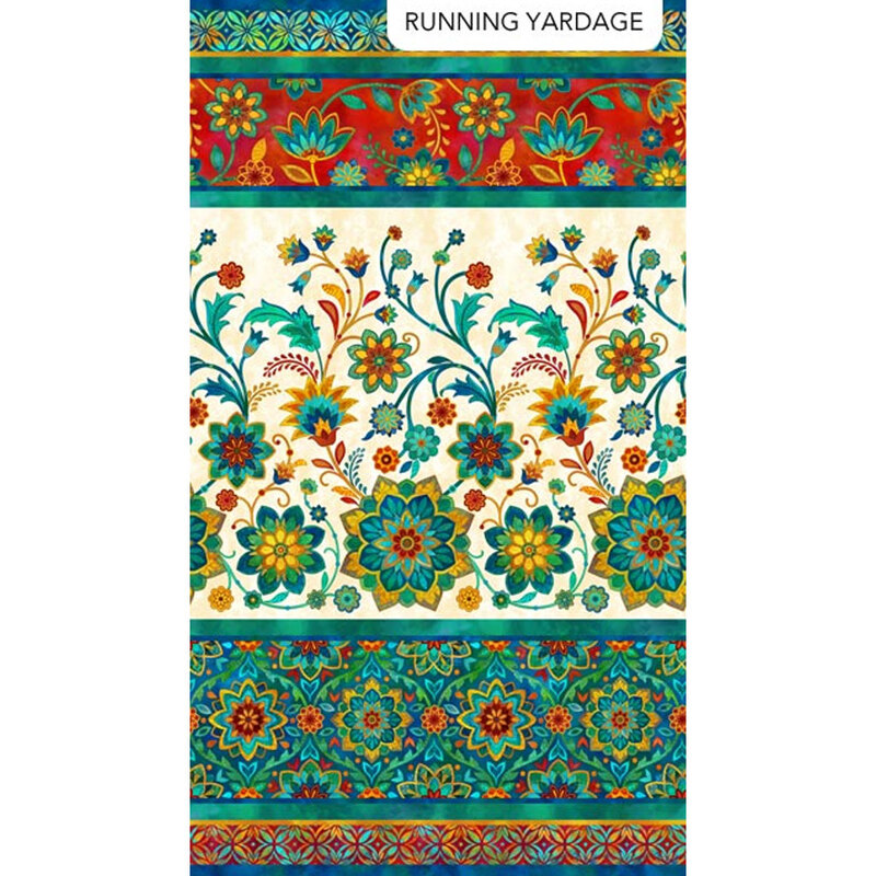 Bohemian style border print fabric with a large teal, white, and red sections with intricate florals throughout