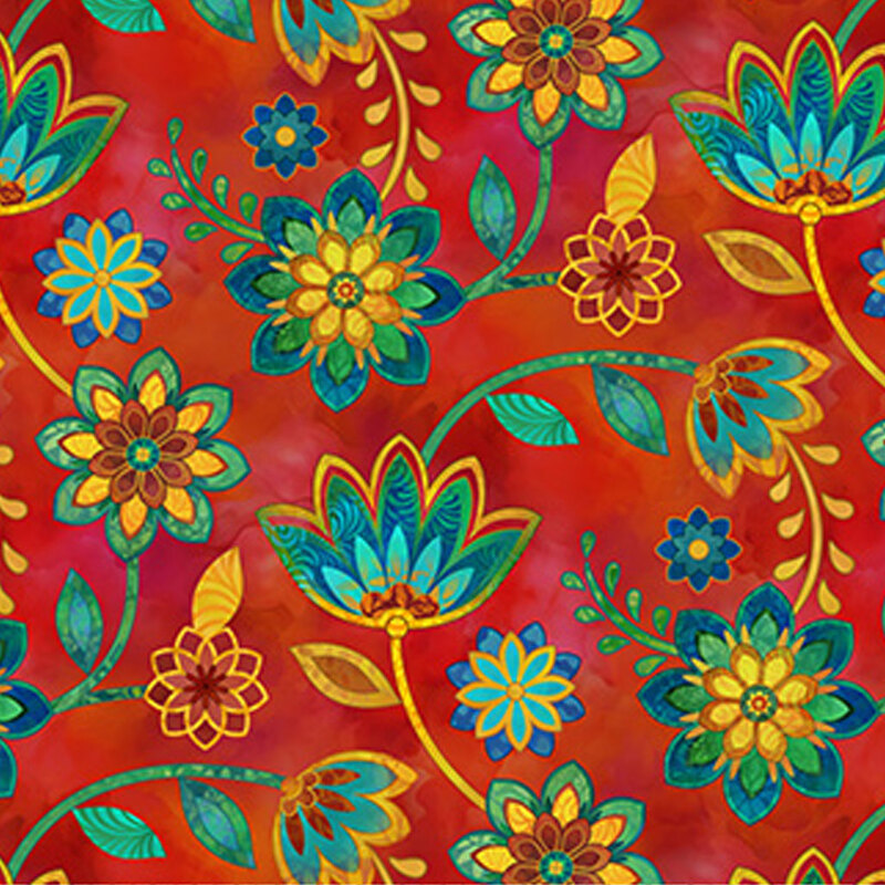 Red mottled fabric with large, colorful, bohemian style florals throughout