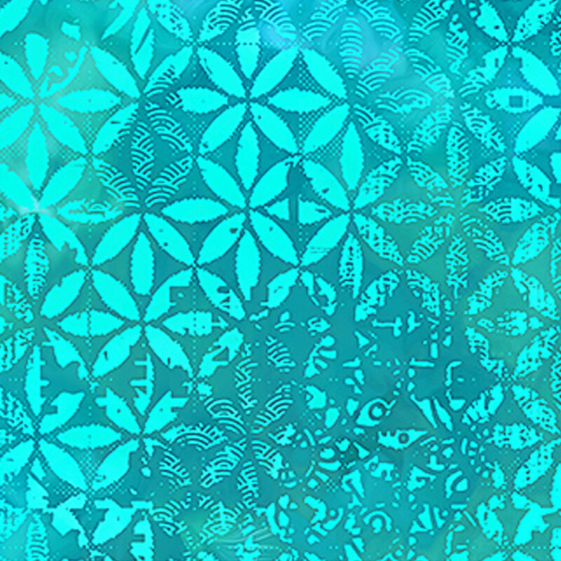 Mottled bright aqua fabric with a tonal, grungy lattice design